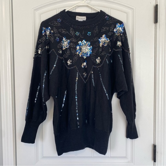 Sweaters - Eminent Women’s Dark Blue Sweater with Rhinestone & Sequin Floral Detail Size XL